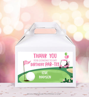 Editable Hole in One Birthday Party Gable Box Favor Label Pink Golf Gift Box Labels Par-tee Girl Golfing 1st Download Printable Corjl 0405