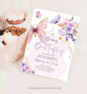 Editable Butterfly Baby Shower Invitation Purple Butterfly on The Way Invite Floral Pink Gold Girl Download Printable Template Corjl 0437