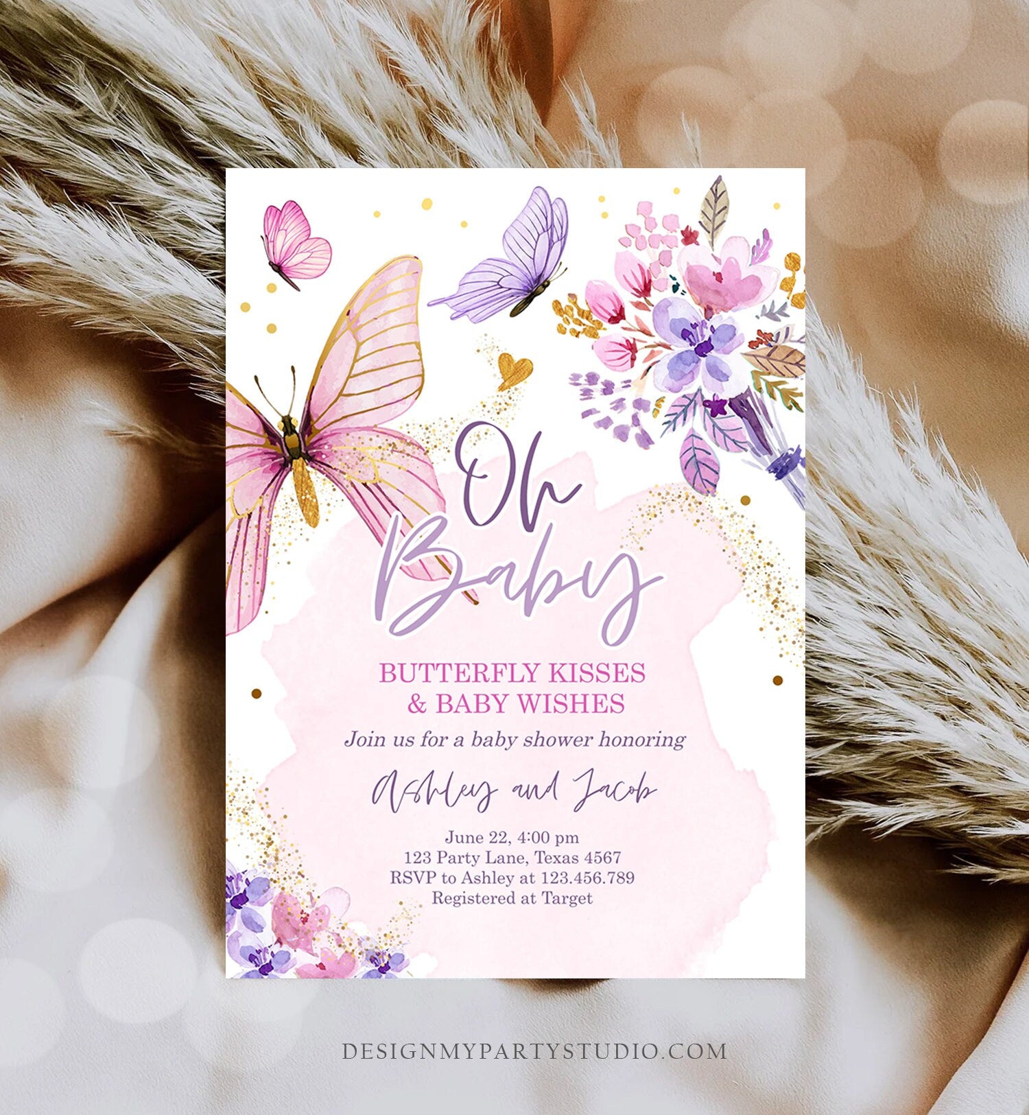 Editable Butterflies Baby Shower Invite Purple Butterfly Kisses Invitation Floral Pink Gold Girl Download Printable Template Corjl 0437