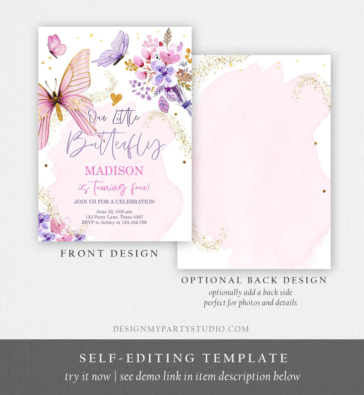Editable Butterfly Birthday Invitation Girl Purple Butterfly Invite 1st Birthday Party Floral Pink Digital Download Template Printable 0437