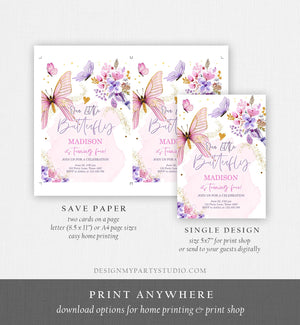 Editable Butterfly Birthday Invitation Girl Purple Butterfly Invite 1st Birthday Party Floral Pink Download Printable Template Corjl 0437