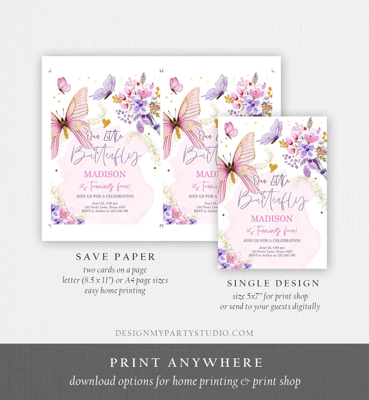 Editable Butterfly Birthday Invitation Girl Purple Butterfly Invite 1st Birthday Party Floral Pink Digital Download Template Printable 0437