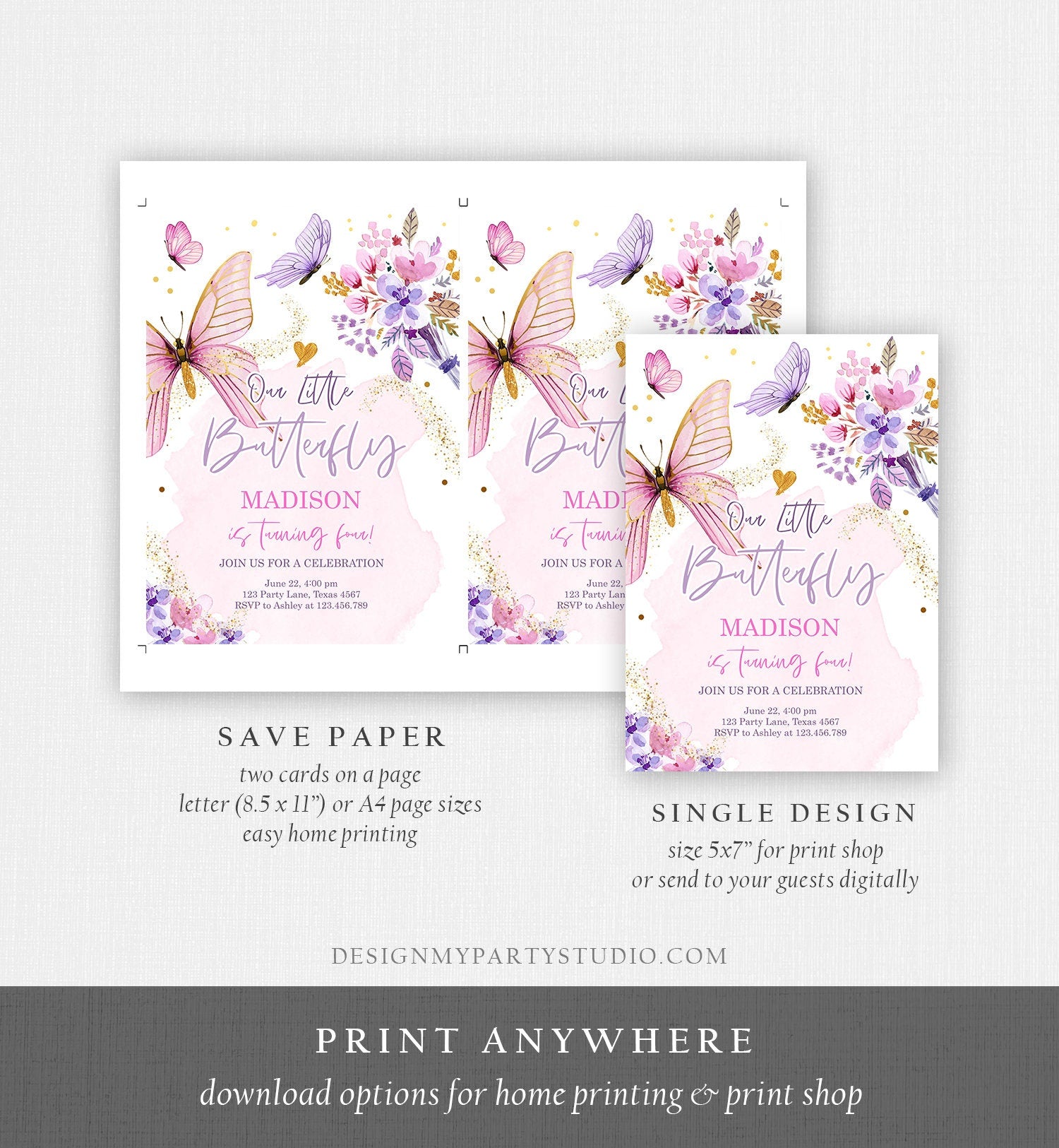 Editable Butterfly Birthday Invitation Girl Purple Butterfly Invite 1st Birthday Party Floral Pink Digital Download Template Printable 0437