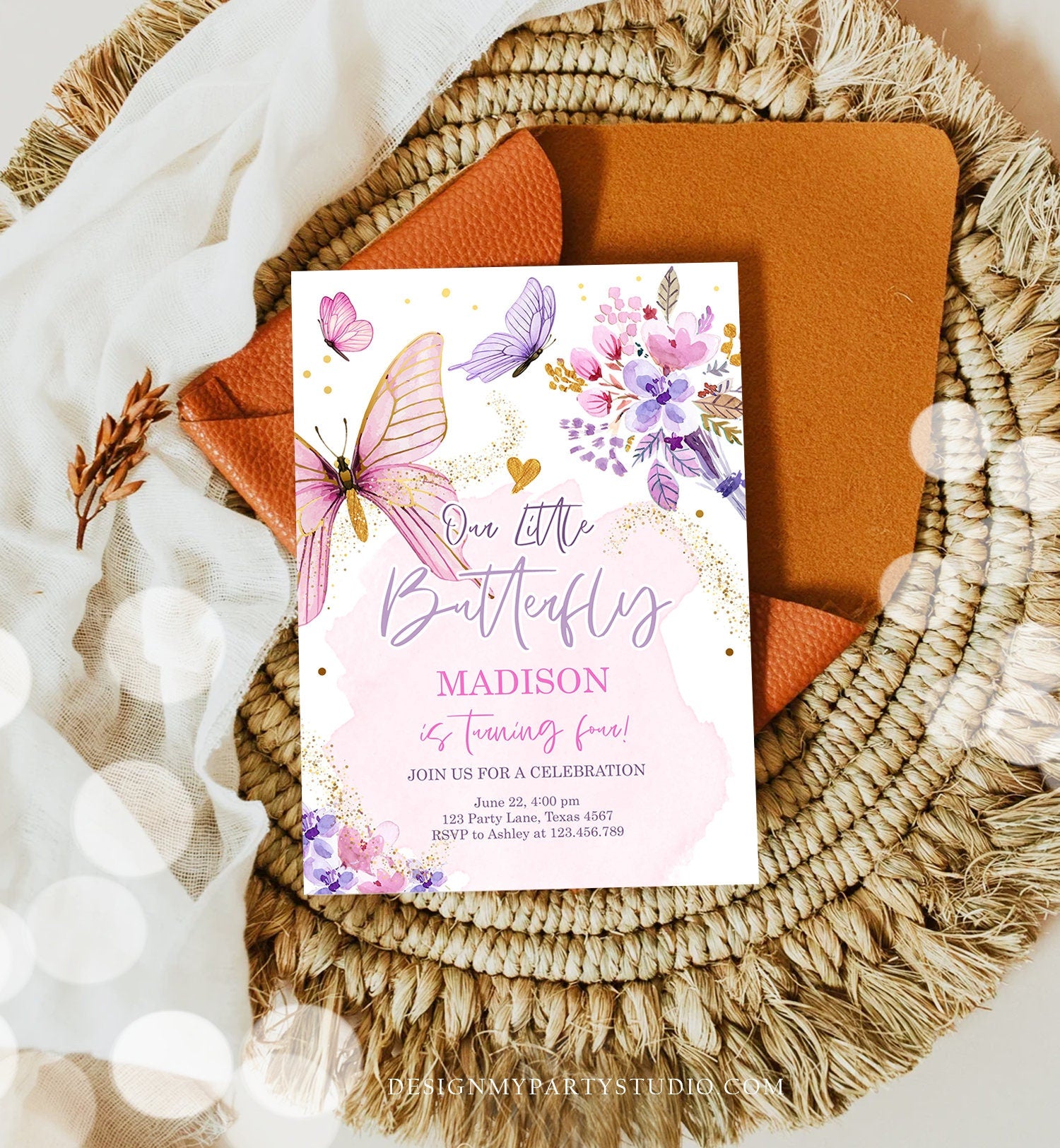 Editable Butterfly Birthday Invitation Girl Purple Butterfly Invite 1st Birthday Party Floral Pink Digital Download Template Printable 0437