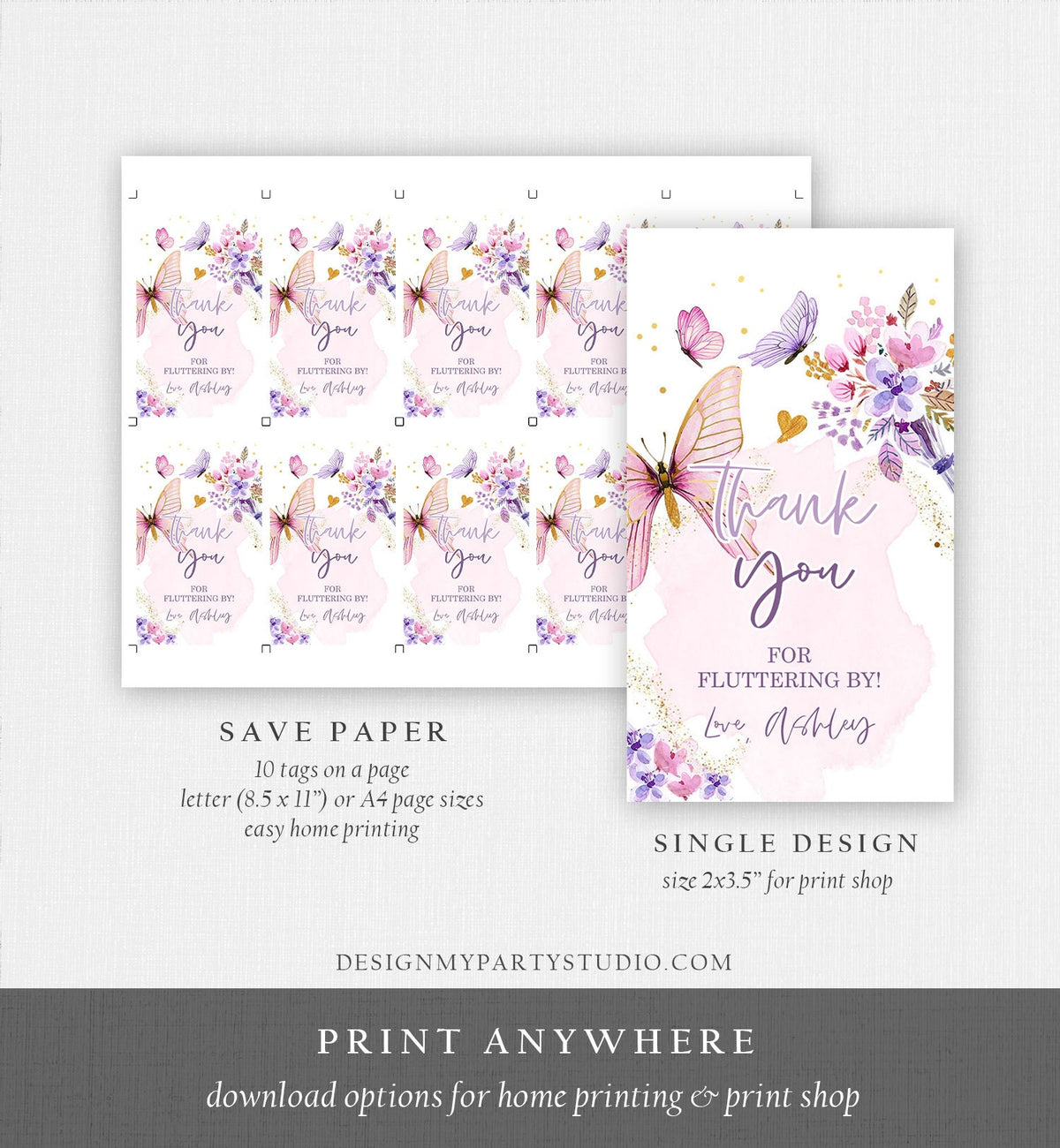 Editable Butterfly Favor Tags Butterfly Birthday Thank you Tags Garden Shower Pink Gold Girl Fluttering By Floral Template PRINTABLE 0437