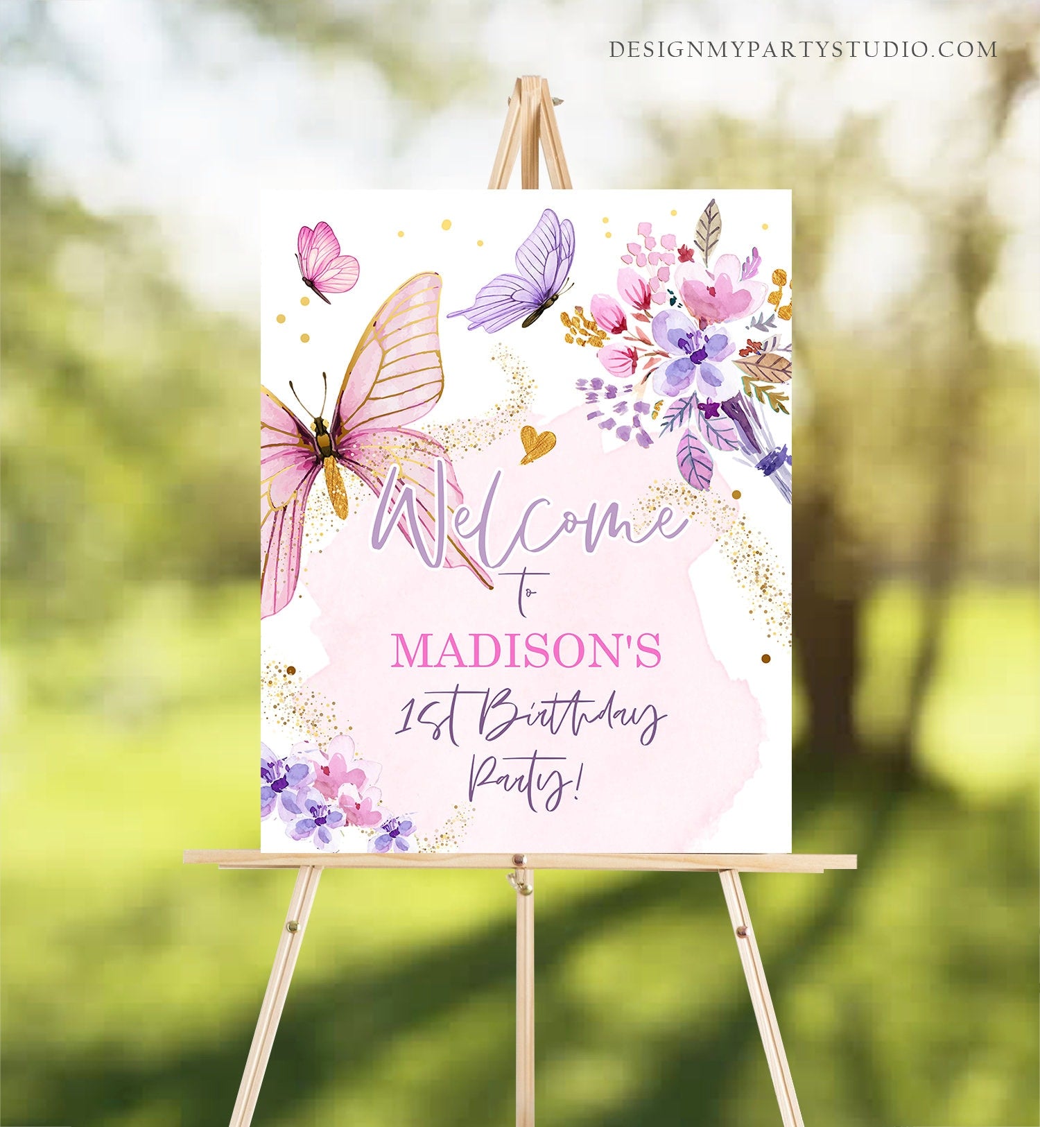Editable Butterfly Welcome Sign Butterfly Birthday Party Butterfly Party Garden Girl Pink Gold Floral Purple Template PRINTABLE Corjl 0437