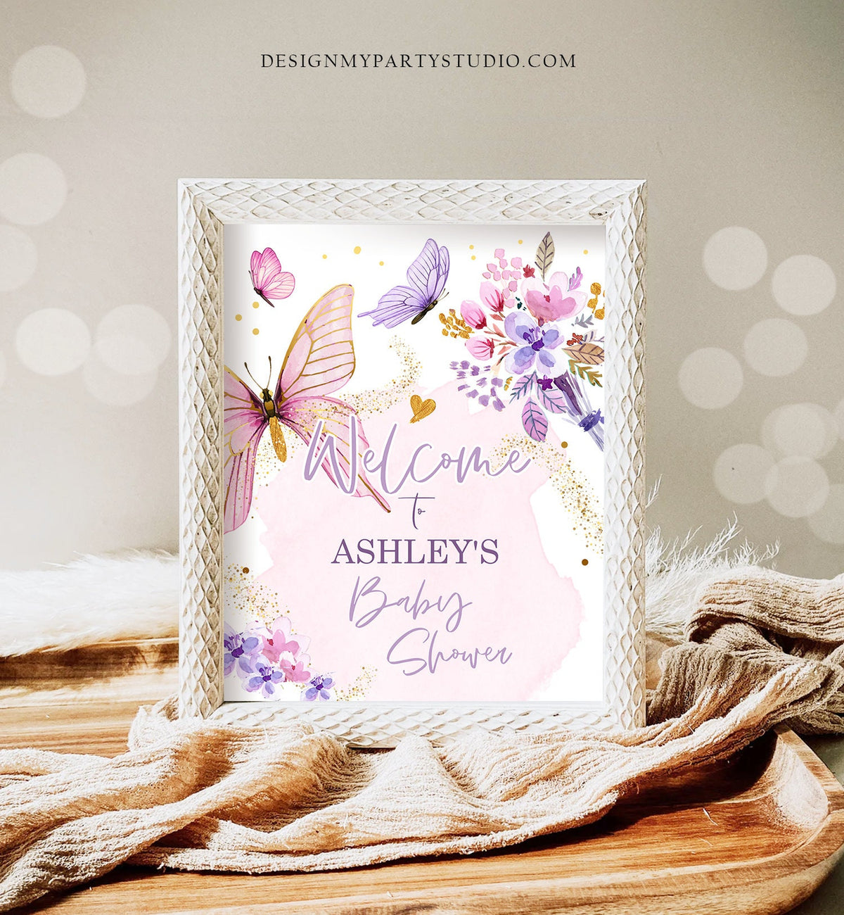 Editable Butterfly Welcome Sign Butterfly Baby Shower Butterfly Party Garden Girl Pink Gold Floral Purple Template PRINTABLE Corjl 0437