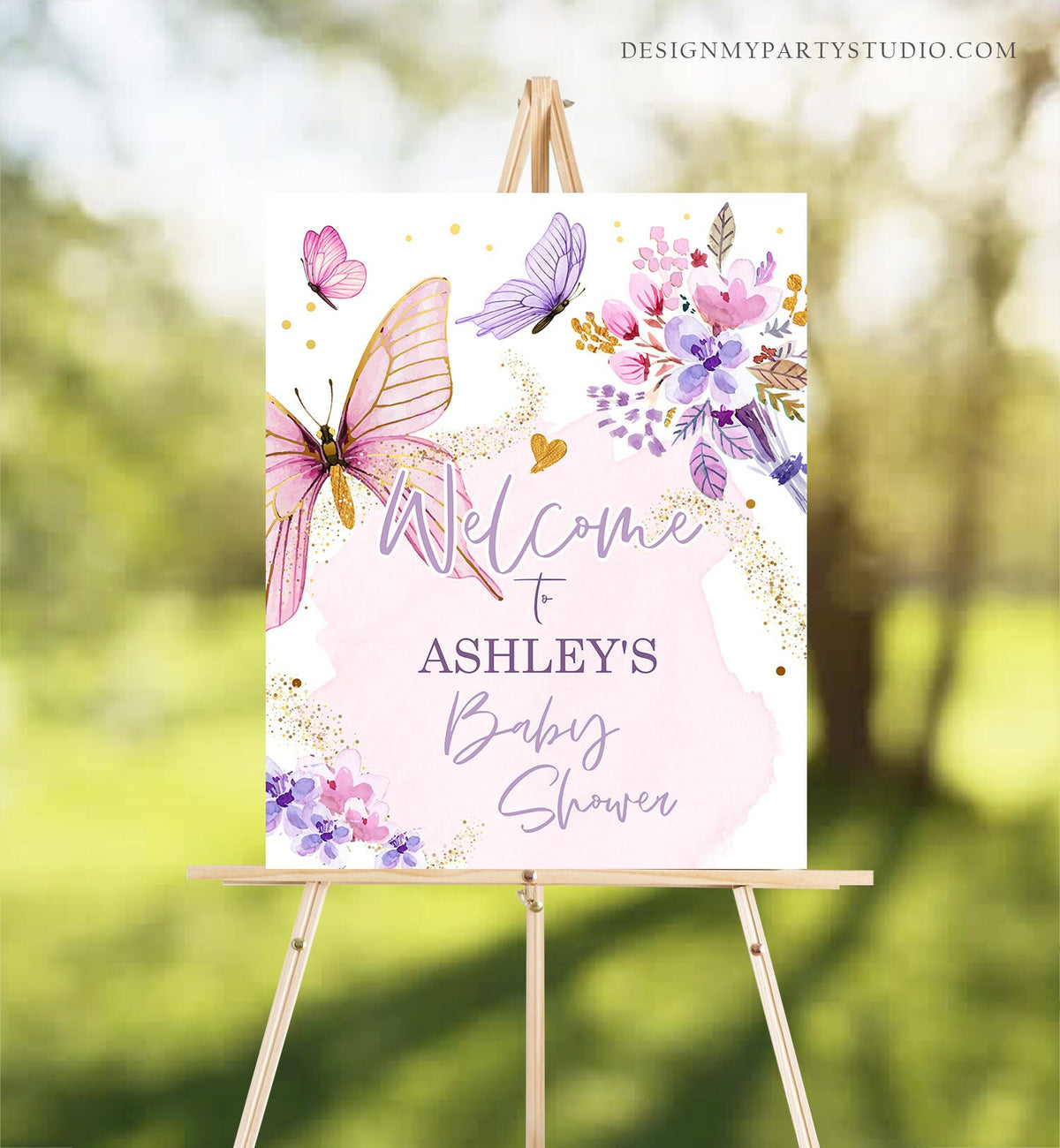 Editable Butterfly Welcome Sign Butterfly Baby Shower Butterfly Party Garden Girl Pink Gold Floral Purple Template PRINTABLE Corjl 0437