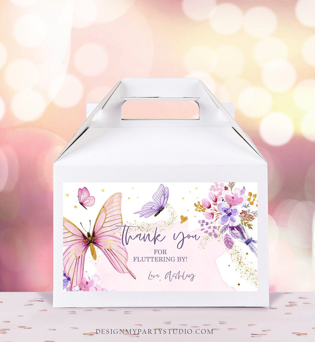 Editable Butterfly Gable Gift Box Label Butterfly Birthday Girl Treat Box Label Garden Baby Shower Pink Purple Download Printable Corjl 0437