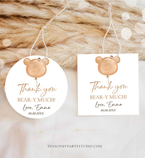 Editable Boho Teddy Bear Favor Tags Thank You Beary Much Round Sticker Bearly Wait Baby Shower Bear Label Template Corjl PRINTABLE 0439
