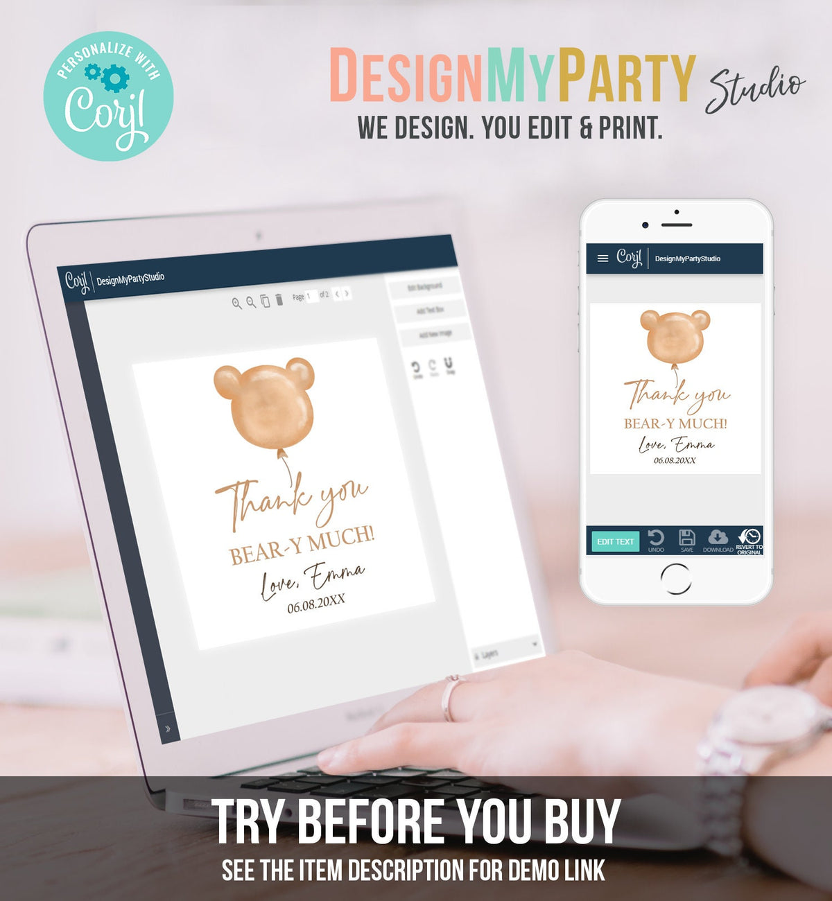 Editable Boho Teddy Bear Favor Tags Thank You Beary Much Round Sticker Bearly Wait Baby Shower Bear Label Template Corjl PRINTABLE 0439