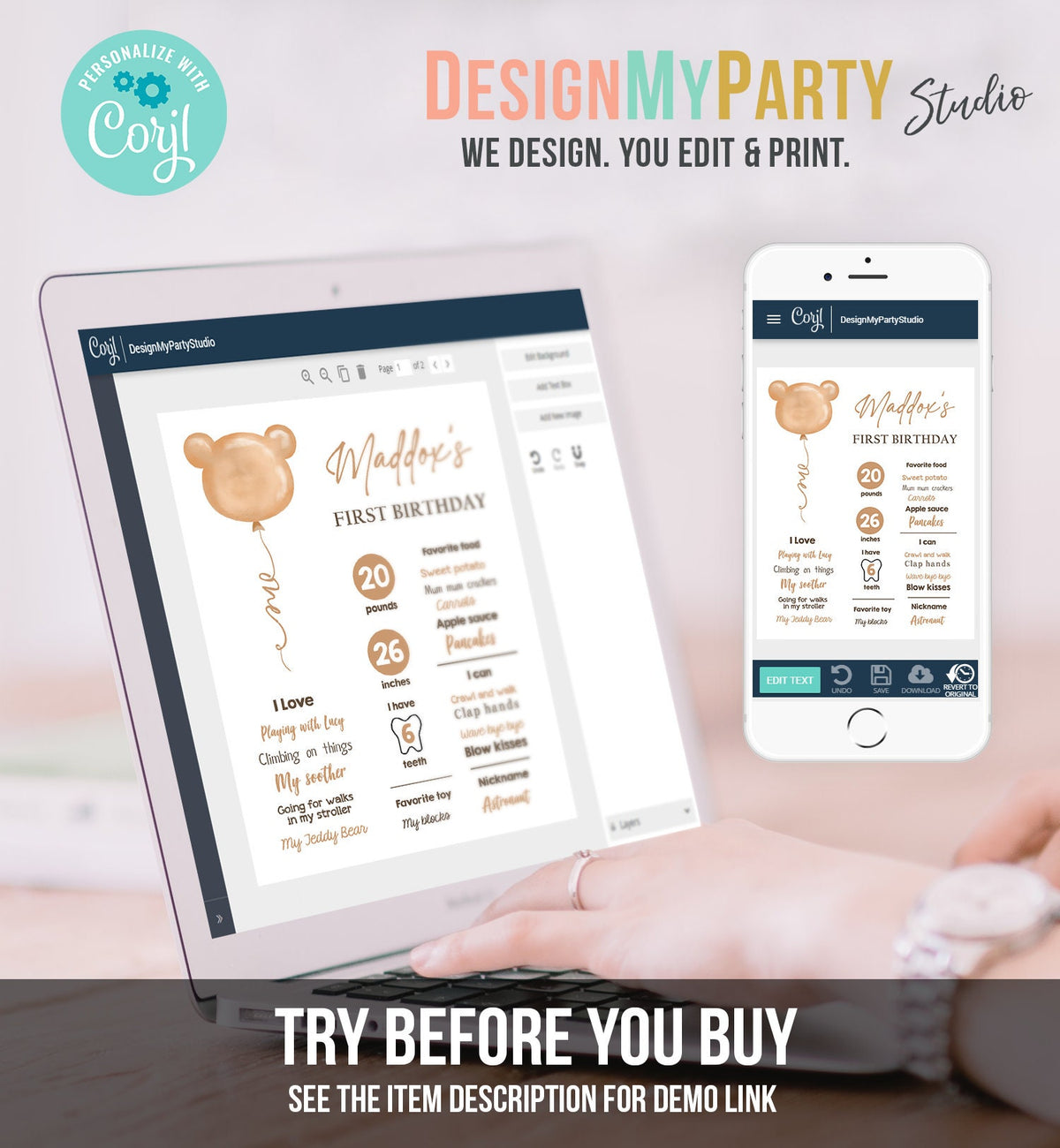 Editable Teddy Bear 1st Birthday Milestones Sign Teddy Bear Picnic Birthday First Birthday Beary Cute Download Corjl Template Printable 0439