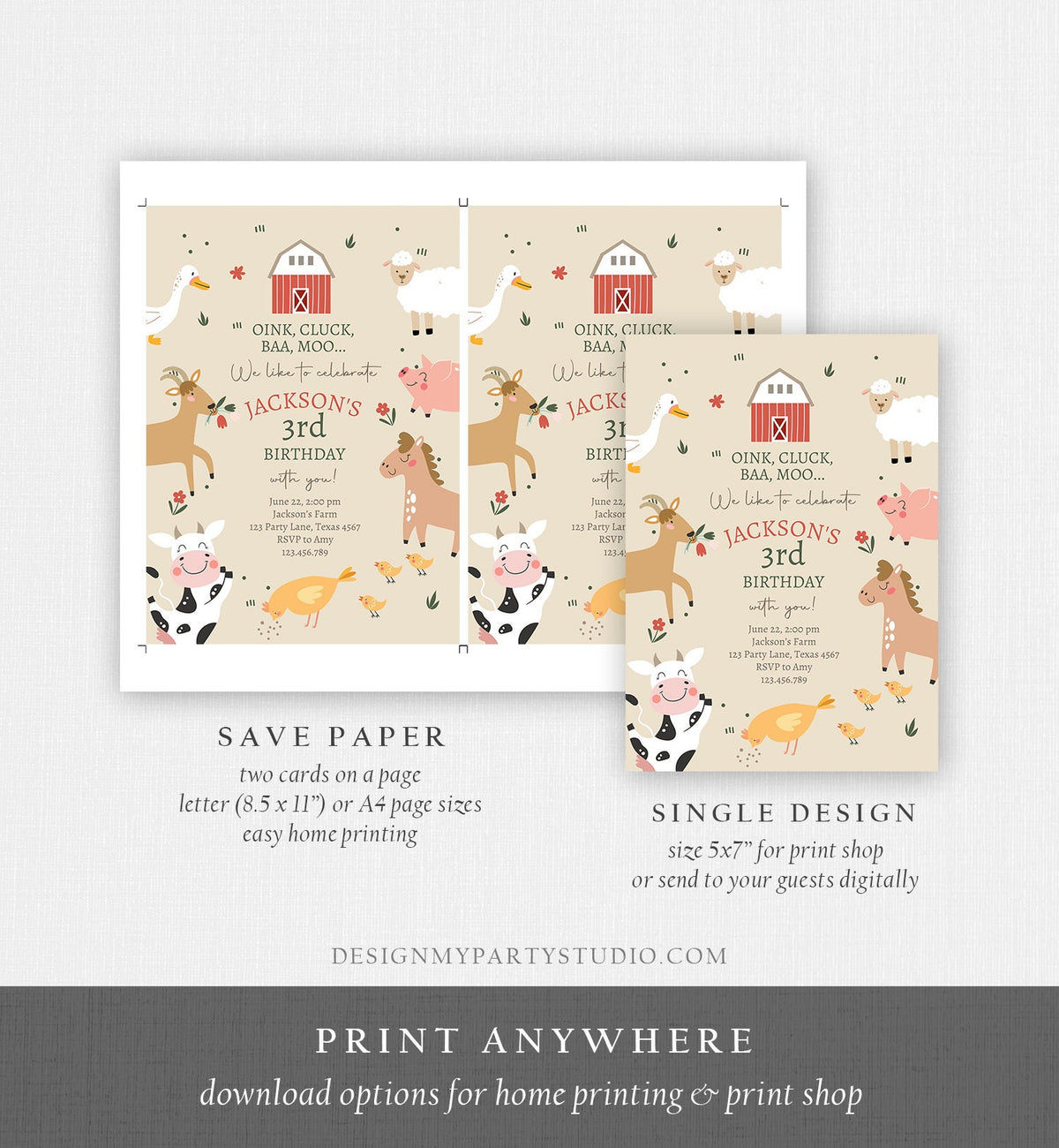 Editable Farm Animals Birthday Invitation Boy Farm Barnyard Birthday Party Animals Modern Farm Digital Download Template Printable 0436