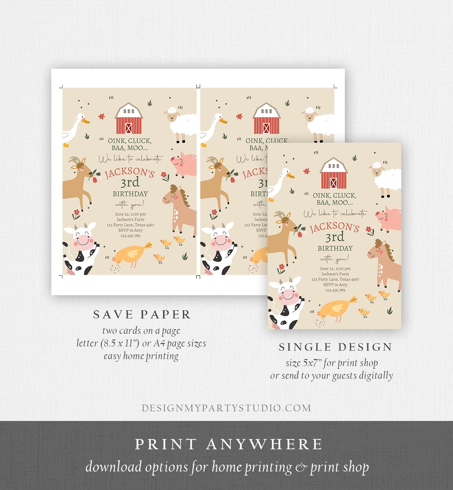Editable Farm Animals Birthday Invitation Boy Farm Barnyard Birthday Party Animals Modern Farm Digital Download Template Printable 0436