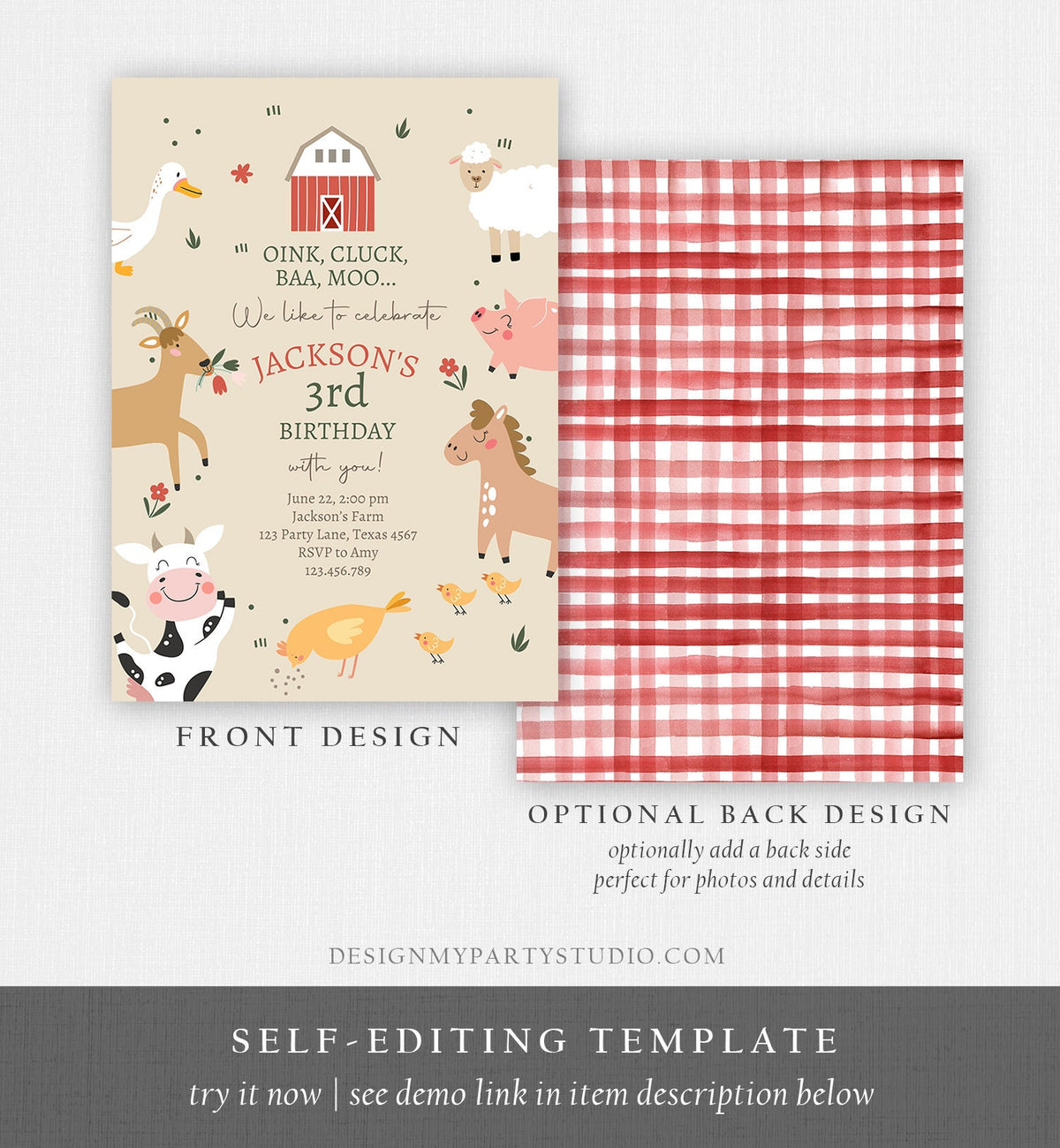 Editable Farm Animals Birthday Invitation Boy Farm Barnyard Birthday Party Animals Modern Farm Digital Download Template Printable 0436