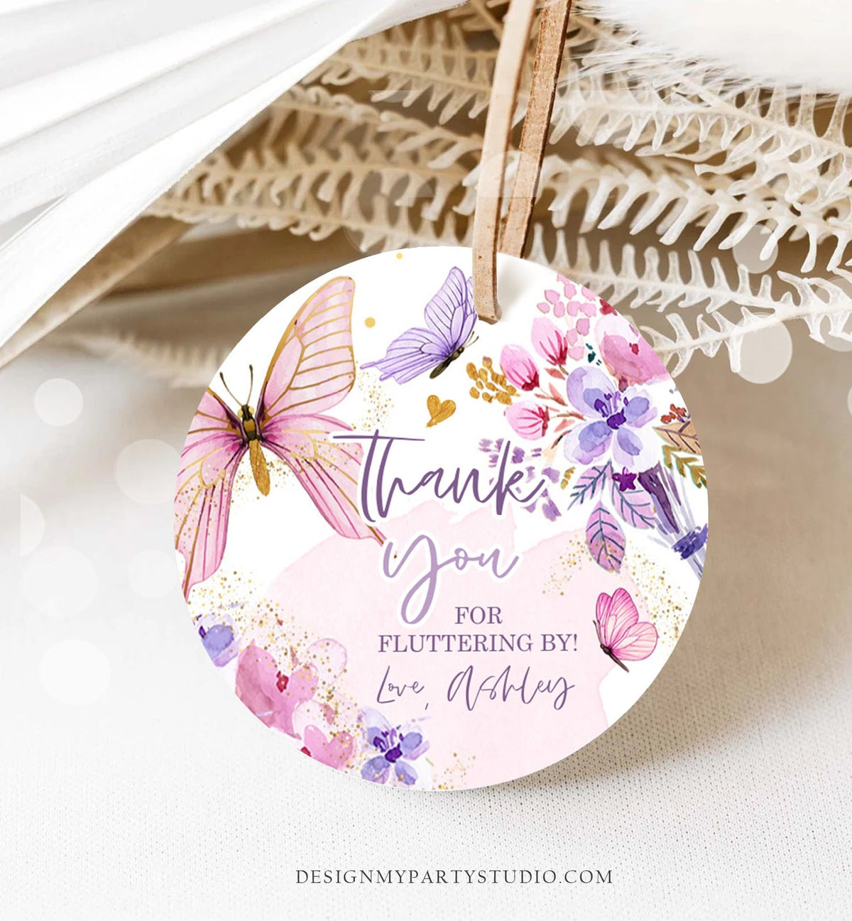 Editable Butterfly Favor Tags Floral Butterfly Birthday Thank you tag Garden Shower Pink Gold Purple Fluttering By Template PRINTABLE 0437