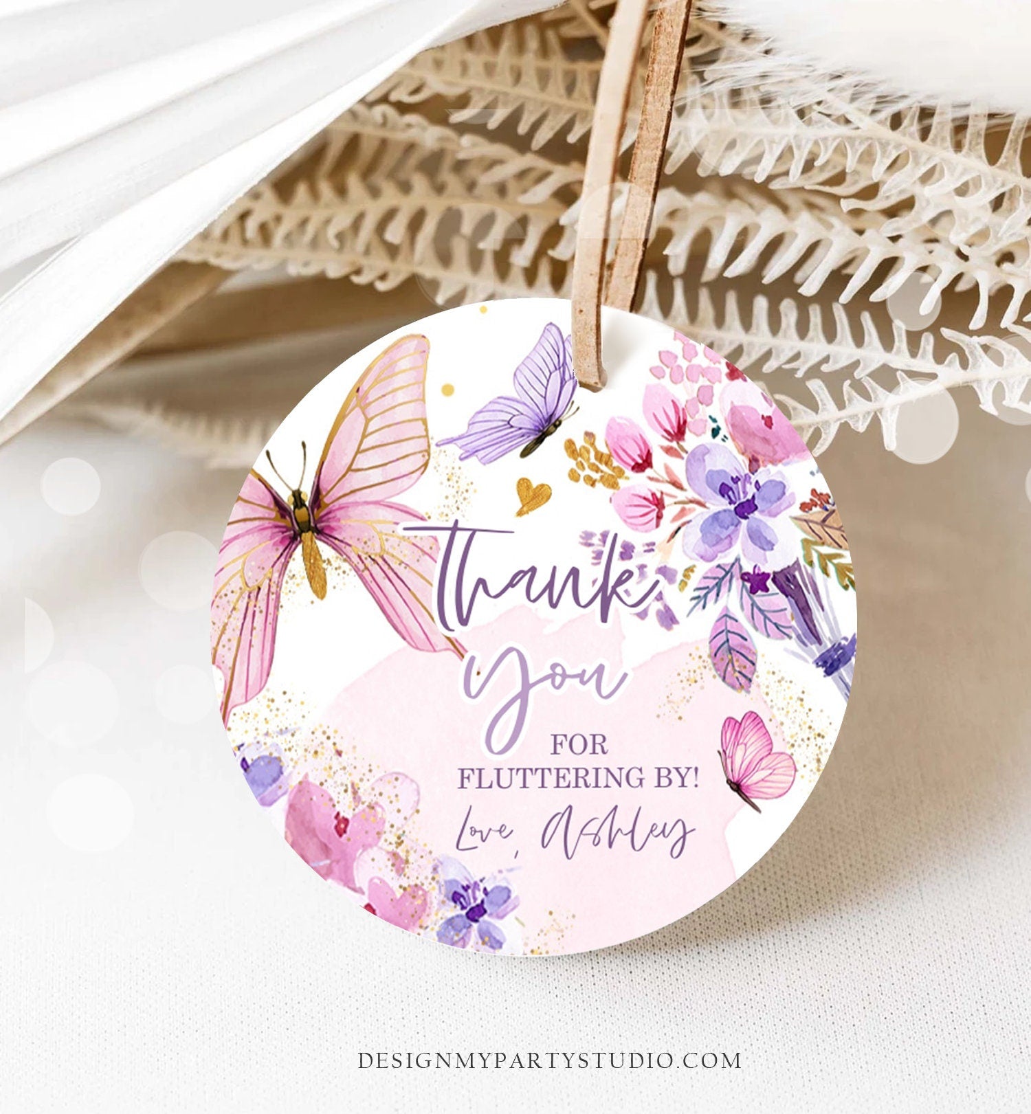 Editable Butterfly Favor Tags Floral Butterfly Birthday Thank you tag Garden Shower Pink Gold Purple Fluttering By Template PRINTABLE 0437