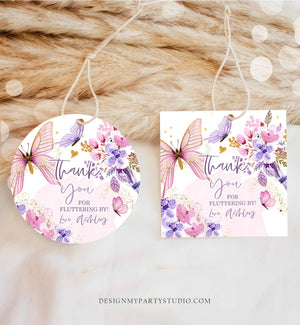 Editable Butterfly Favor Tags Floral Butterfly Birthday Thank you tag Garden Shower Pink Gold Purple Fluttering By Template PRINTABLE 0437