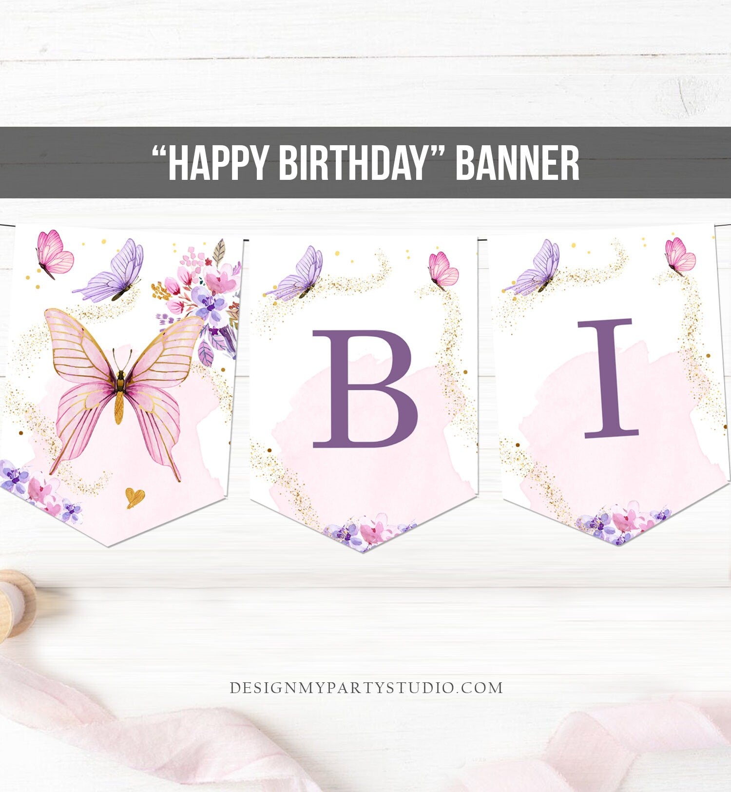 Happy Birthday Banner Butterfly Birthday Banner Floral Flowers Pink Purple Girl Birthday Butterfly Banner Download PRINTABLE DIGITAL 0437