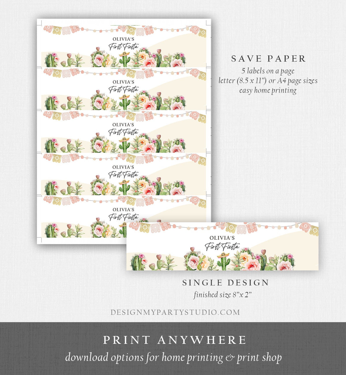 Editable Fiesta Water Bottle Labels First Fiesta Birthday Decor Mexican Cactus Succulent Desert Floral Girl Digital Template Printable 0419