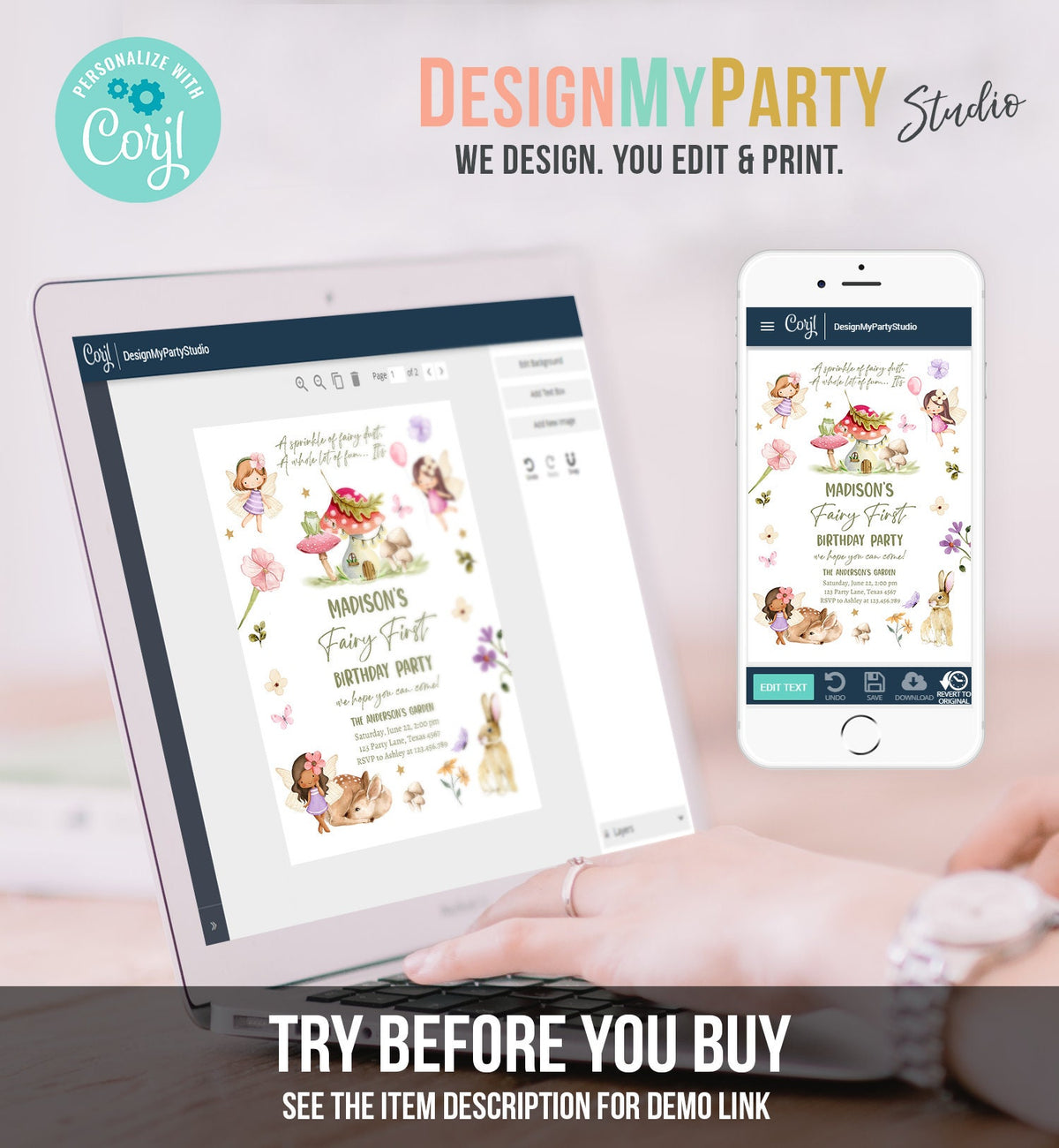 Editable Fairy Birthday Invitation Whimsical Enchanted Pixie Fairy Party Floral Fairy Girl Digital Download Evite Template Printable 0438