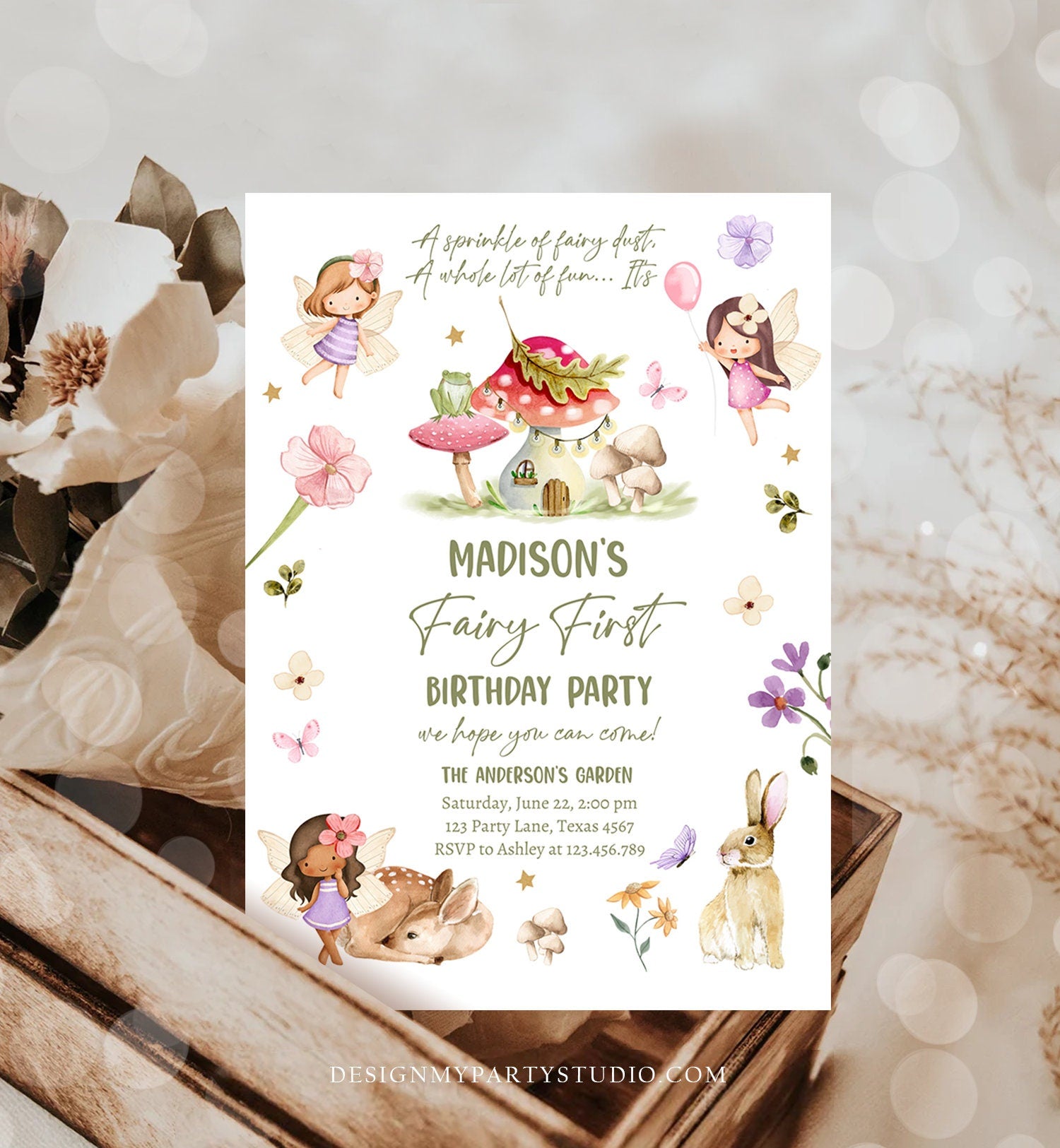 Editable Fairy Birthday Invitation Whimsical Enchanted Pixie Fairy Party Floral Fairy Girl Digital Download Evite Template Printable 0438