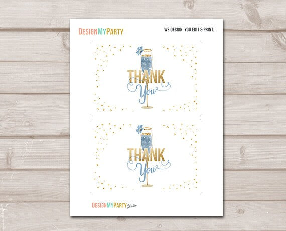 Brunch and Bubbly Thank you Card Champagne Thank You Note Floral Blue Gold Couples Shower Bubbly Bridal Shower 4x6" Instant Download 0150