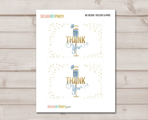 Brunch and Bubbly Thank you Card Champagne Thank You Note Floral Blue Gold Couples Shower Bubbly Bridal Shower 4x6&quot; Instant Download 0150
