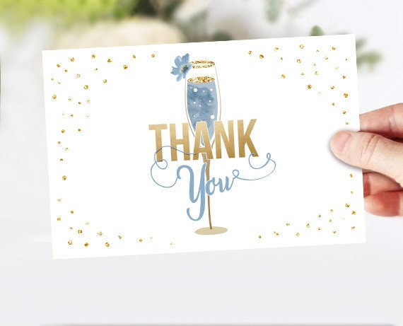 Brunch and Bubbly Thank you Card Champagne Thank You Note Floral Blue Gold Couples Shower Bubbly Bridal Shower 4x6" Instant Download 0150