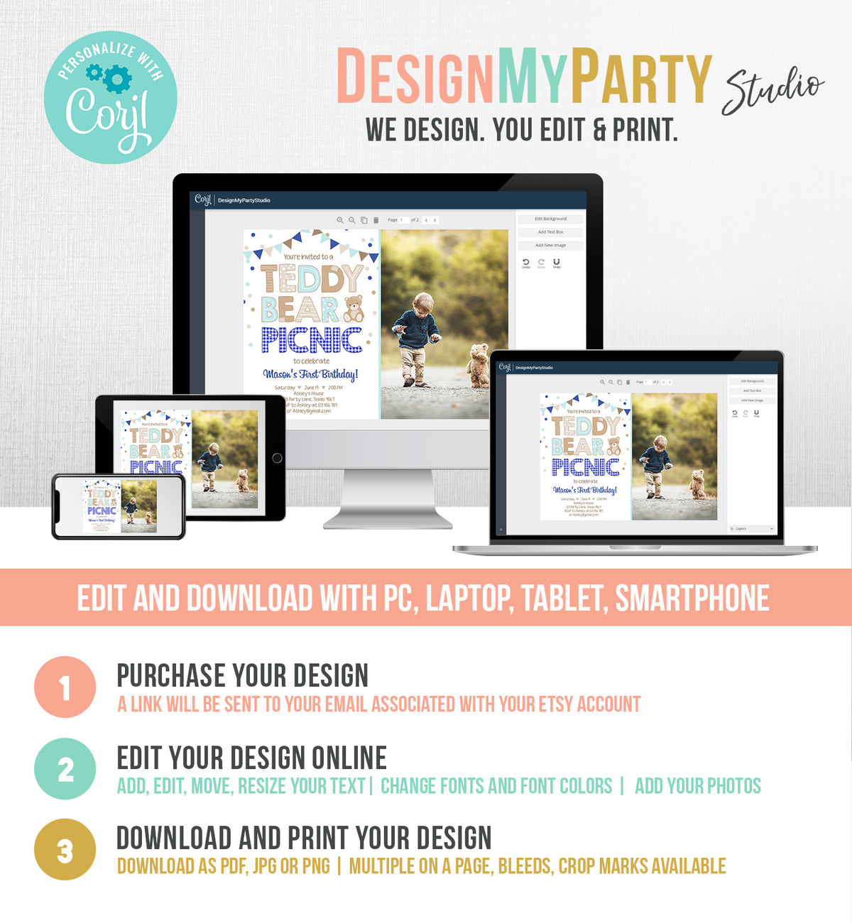 Editable Teddy Bear Picnic Birthday Invitation Boy Navy Blue Gingham Bear Picnic Outdoor First Birthday Digital Corjl Template 0100