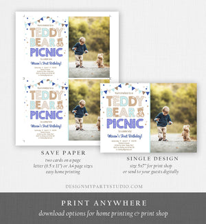 Editable Teddy Bear Picnic Birthday Invitation Boy Navy Blue Gingham Bear Picnic Outdoor First Birthday Digital Corjl Template 0100