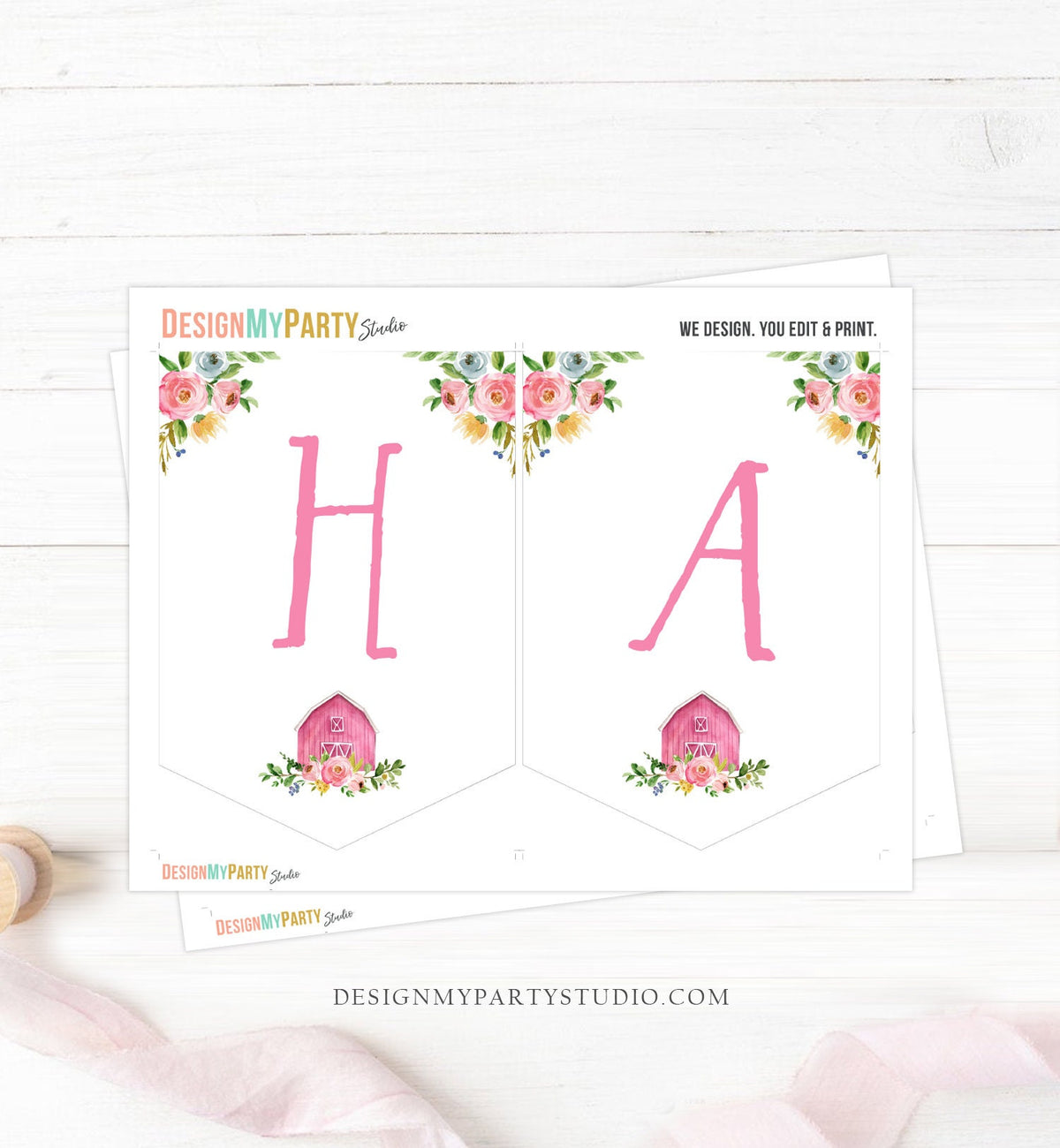 Happy Birthday Banner Pink Farm Birthday Banner Farm Animals Girl Barnyard Birthday Decorations Instant download PRINTABLE DIGITAL DIY 0155
