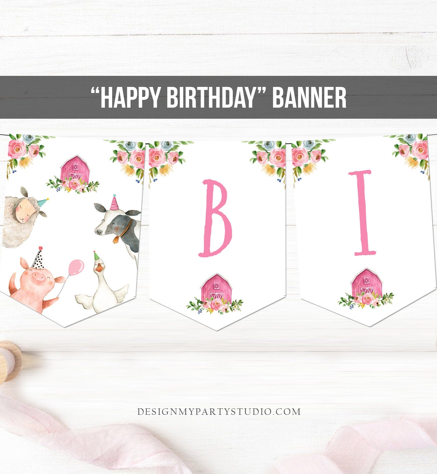 Happy Birthday Banner Pink Farm Birthday Banner Farm Animals Girl Barnyard Birthday Decorations Instant download PRINTABLE DIGITAL DIY 0155