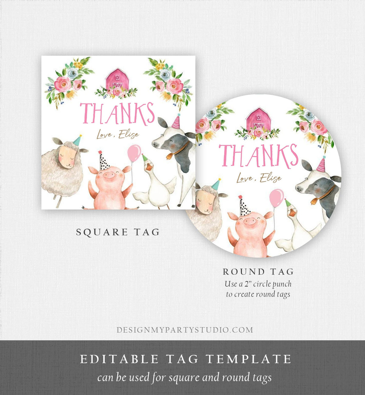 Editable Pink Farm Animals Thank you Tags Girl Birthday Barnyard Stickers Farm Birthday Decor Favor Tags Party Animals Digital Template 0155