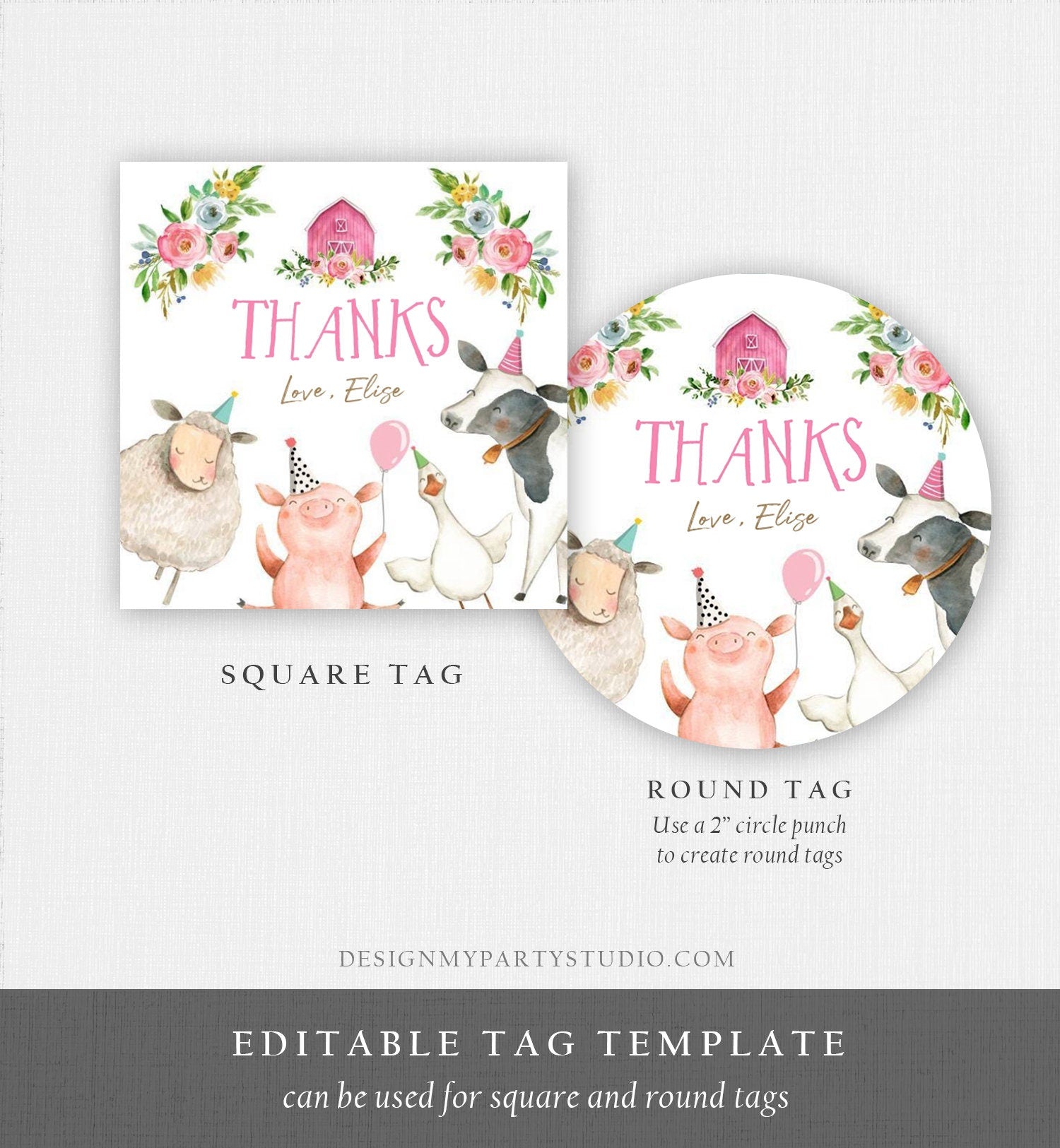 Editable Pink Farm Animals Thank you Tags Girl Birthday Barnyard Stickers Farm Birthday Decor Favor Tags Party Animals Digital Template 0155