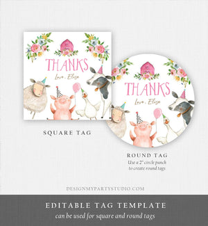 Editable Pink Farm Animals Thank you Tags Girl Birthday Barnyard Stickers Farm Birthday Decor Pink Favor Tags Cow Pig Template Corjl 0155