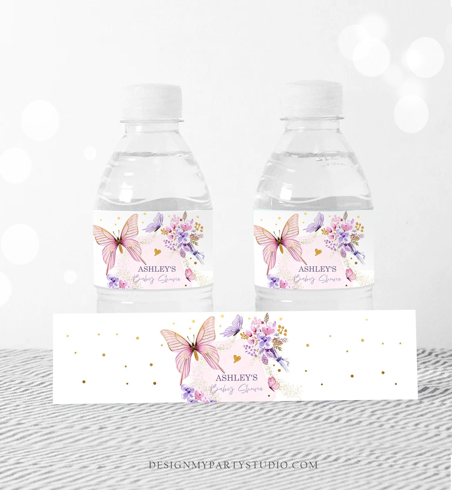 Editable Butterfly Water Bottle Label Girl Floral Butterfly Party Garden Pink Gold Purple Drink Label Download Printable Template Corjl 0437