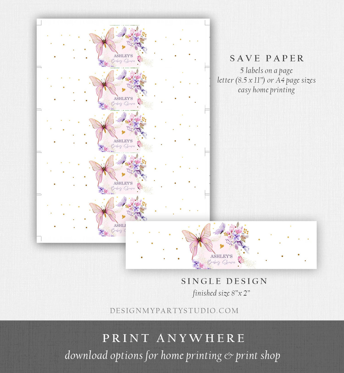 Editable Butterfly Water Bottle Label Girl Floral Butterfly Party Garden Pink Gold Purple Drink Label Download Printable Template Corjl 0437