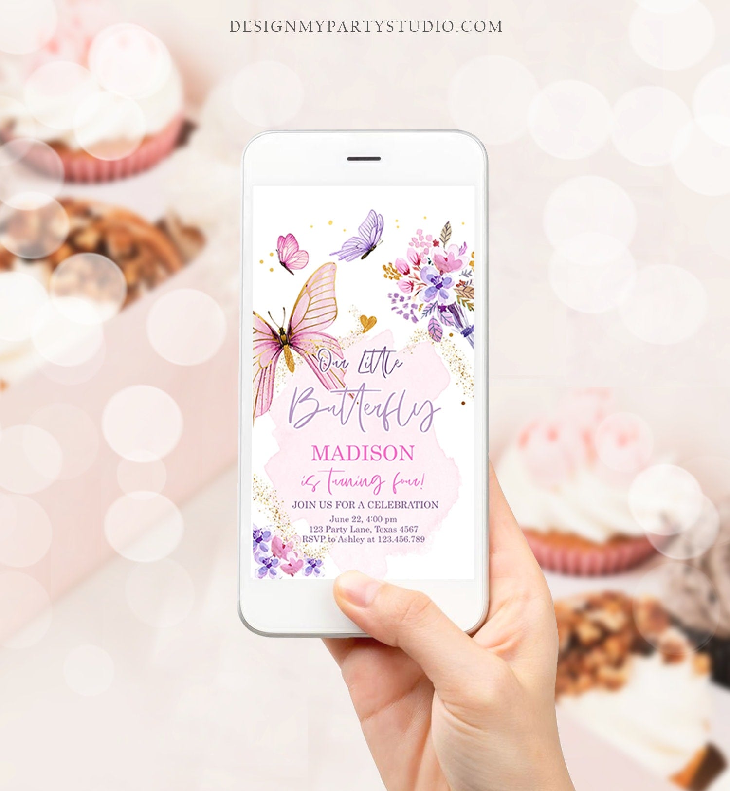 Editable Butterfly Birthday Evite Girl Purple Butterfly Invite 1st Birthday Party Floral Pink Phone Download Digital Template Corjl 0437