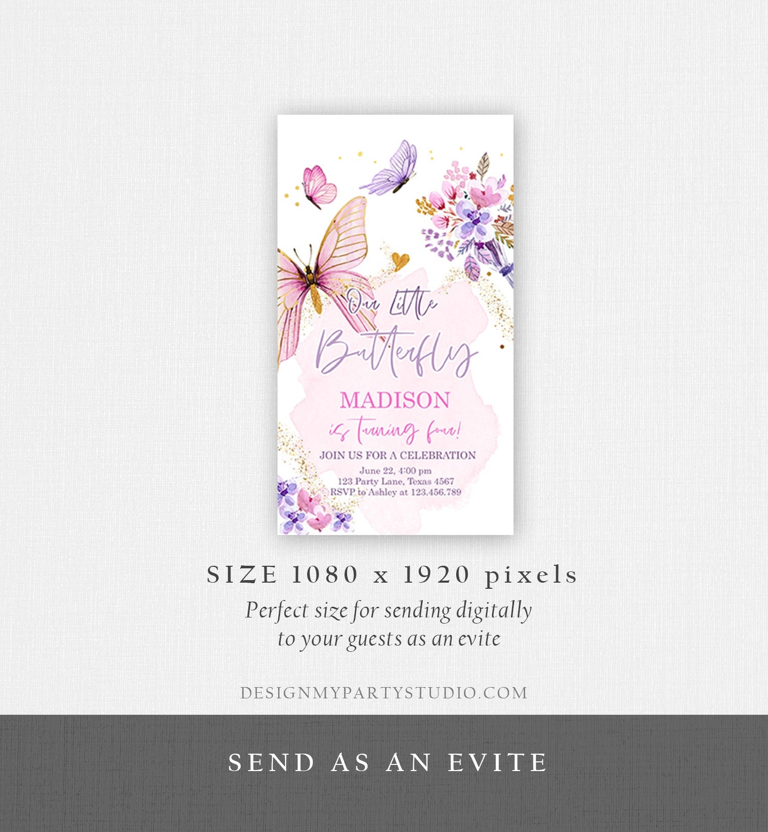 Editable Butterfly Birthday Evite Girl Purple Butterfly Invite 1st Birthday Party Floral Pink Phone Digital Download Evite Template 0437