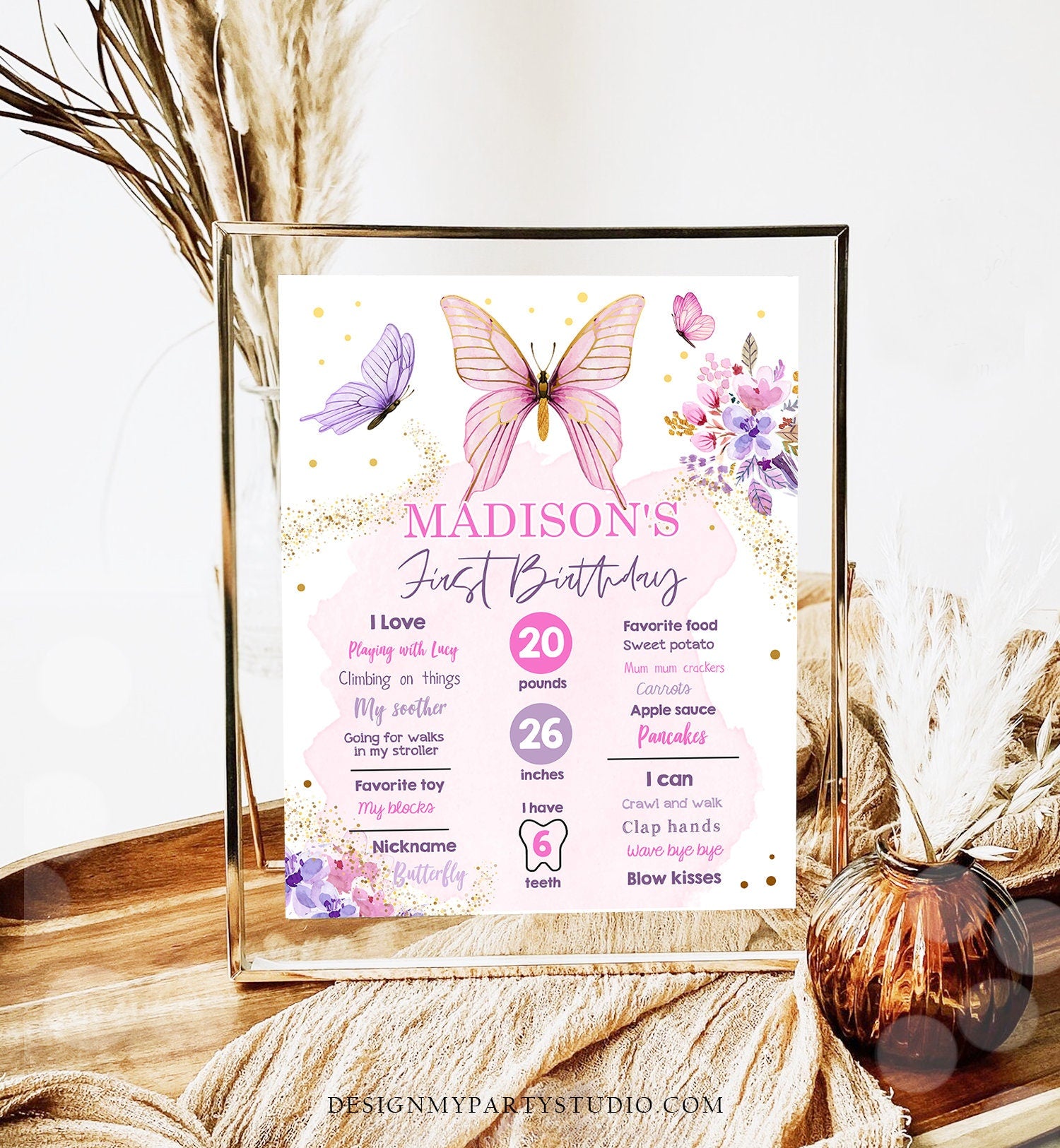Editable Butterfly Birthday Milestones Sign Garden 1st Birthday First Birthday Girl Pink Purple Download Corjl Template Printable 0437