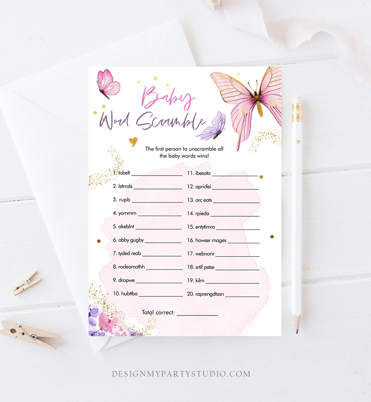 Editable Word Scramble Baby Shower Game Butterfly Baby Shower Floral Butterflies Lilac Pink Purple Activity Corjl Template Printable 0437