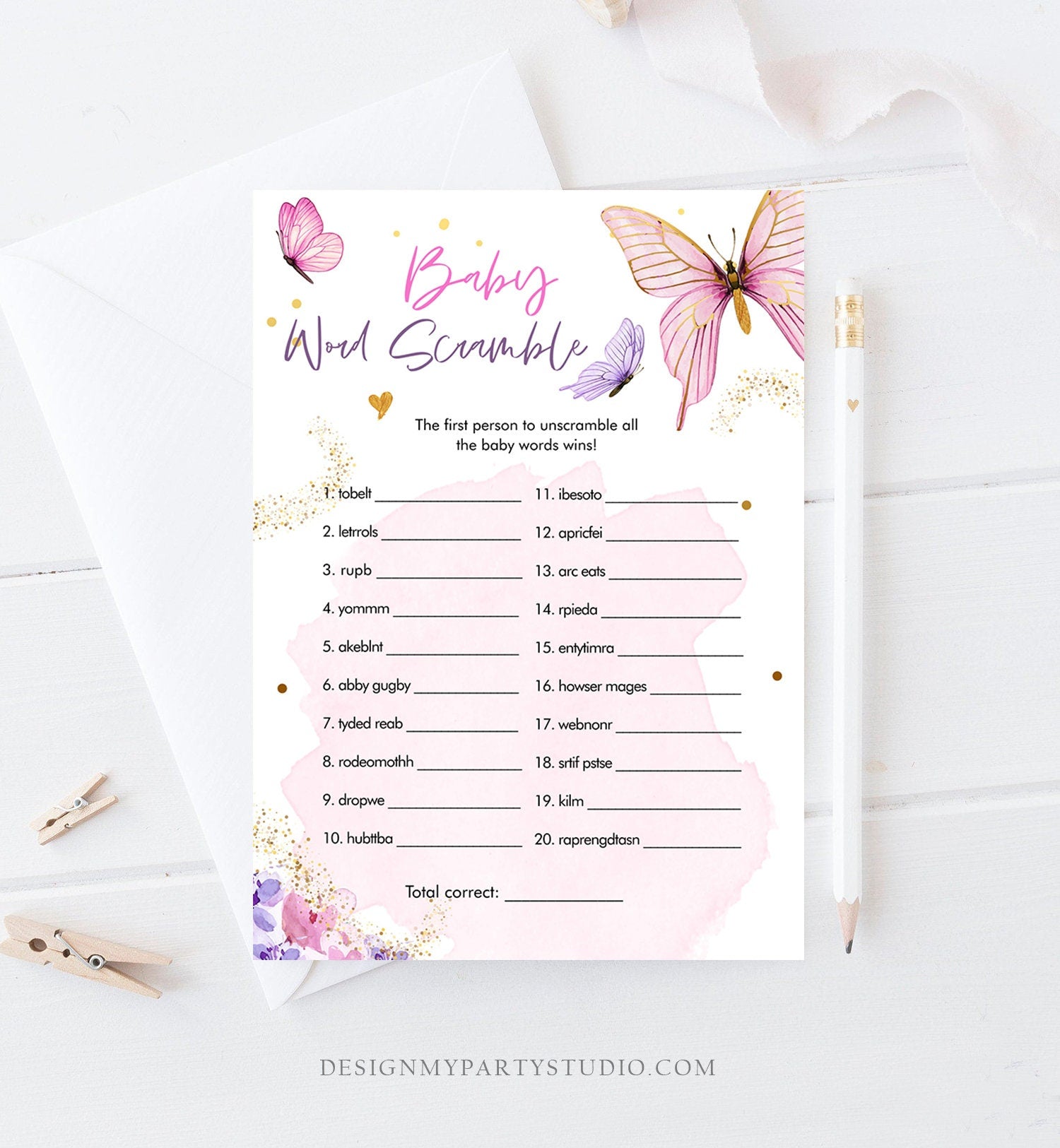 Editable Word Scramble Baby Shower Game Butterfly Baby Shower Floral Butterflies Lilac Pink Purple Activity Corjl Template Printable 0437