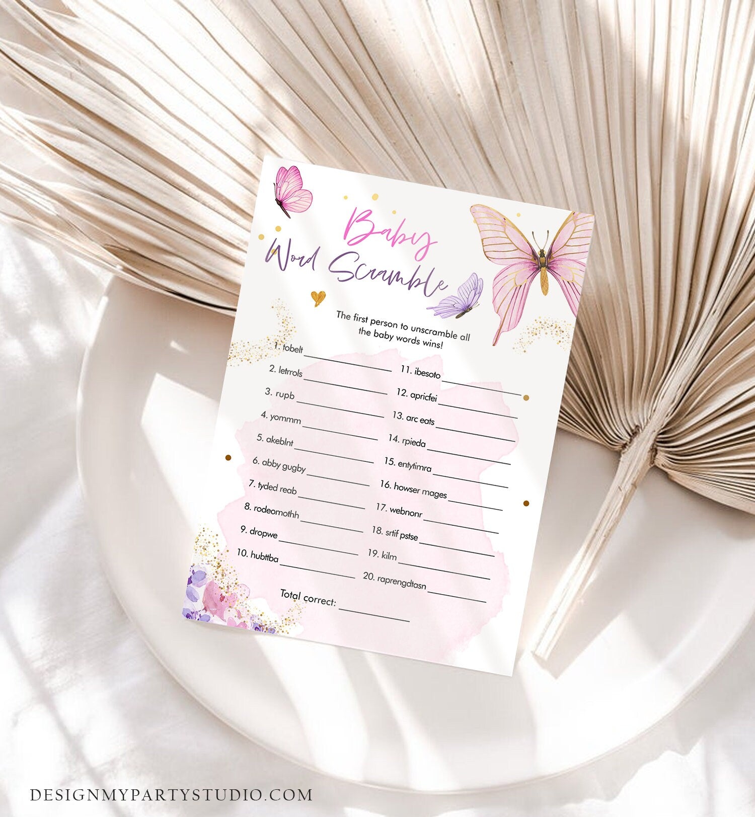 Editable Word Scramble Baby Shower Game Butterfly Baby Shower Floral Butterflies Lilac Pink Purple Activity Corjl Template Printable 0437