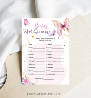 Editable Word Scramble Baby Shower Game Butterfly Baby Shower Floral Butterflies Lilac Pink Purple Activity Corjl Template Printable 0437
