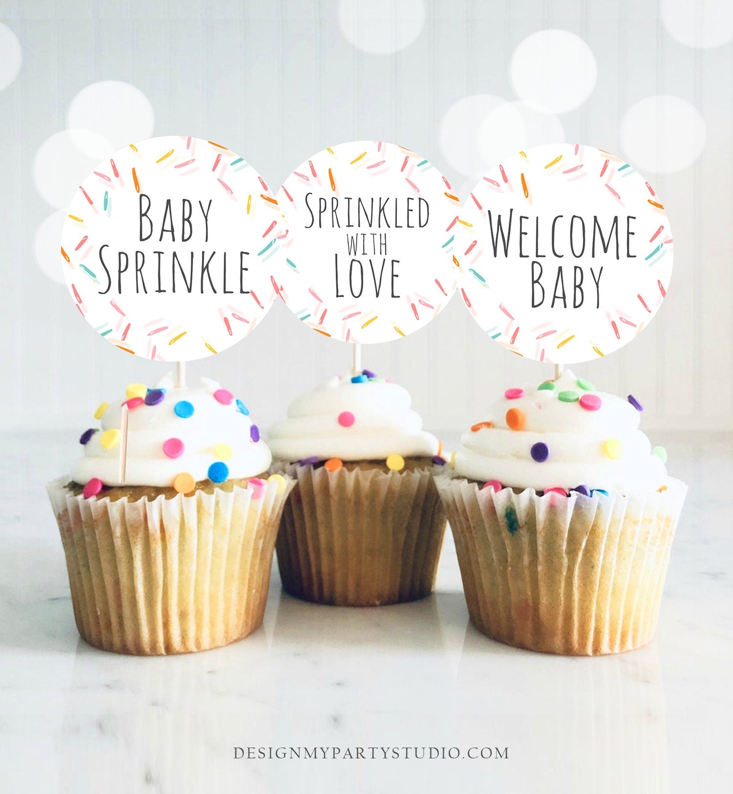 Baby Sprinkle Cupcake Toppers Favor Tags Baby Sprinkle Decoration Rainbow Gender Neutral Stickers Round Tag Download Digital PRINTABLE 0216