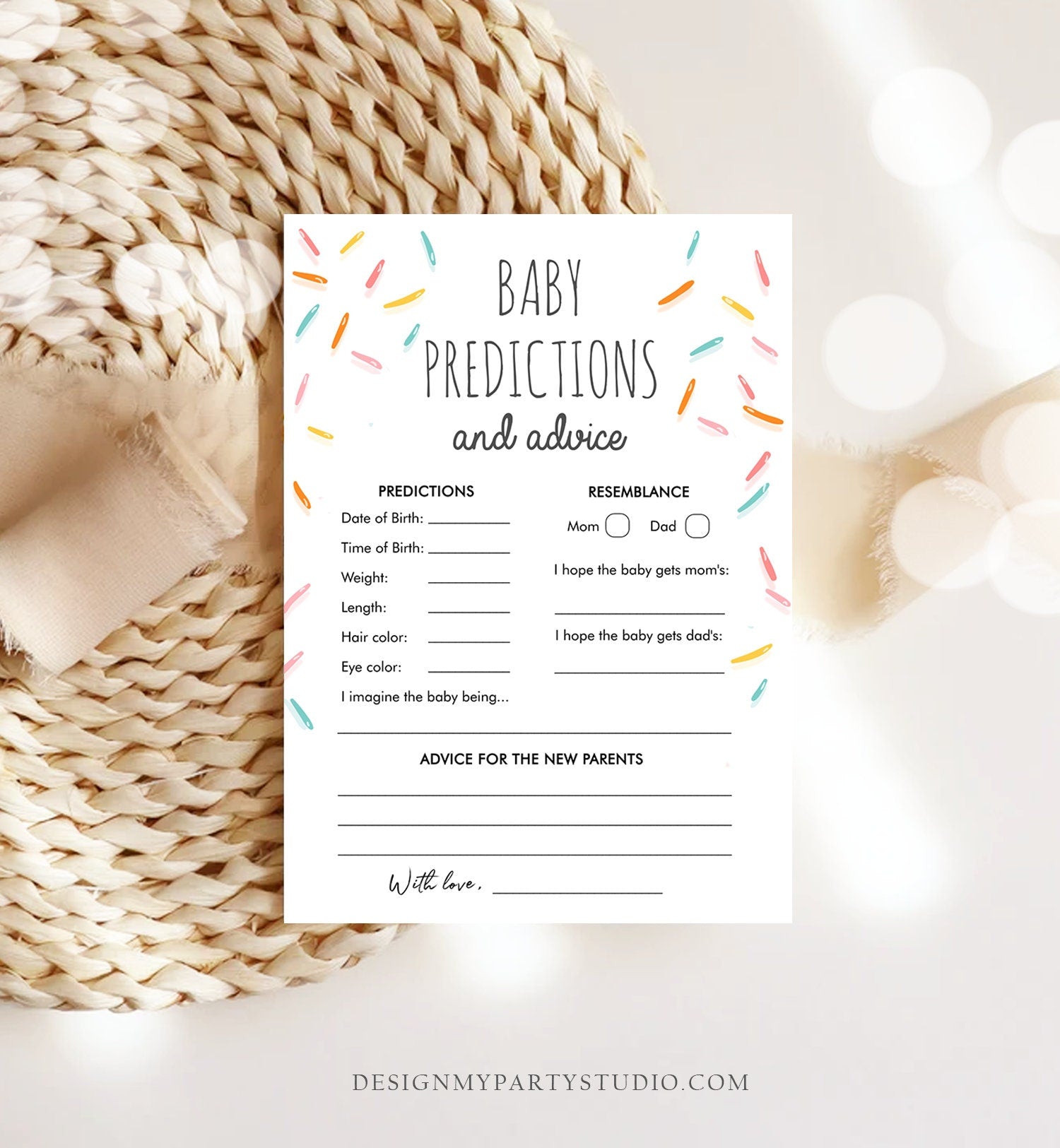 Editable Baby Predictions and Advice for Parents Sprinkle Game Baby Shower Gender Neutral Sprinkles Rainbow Corjl Template Printable 0216