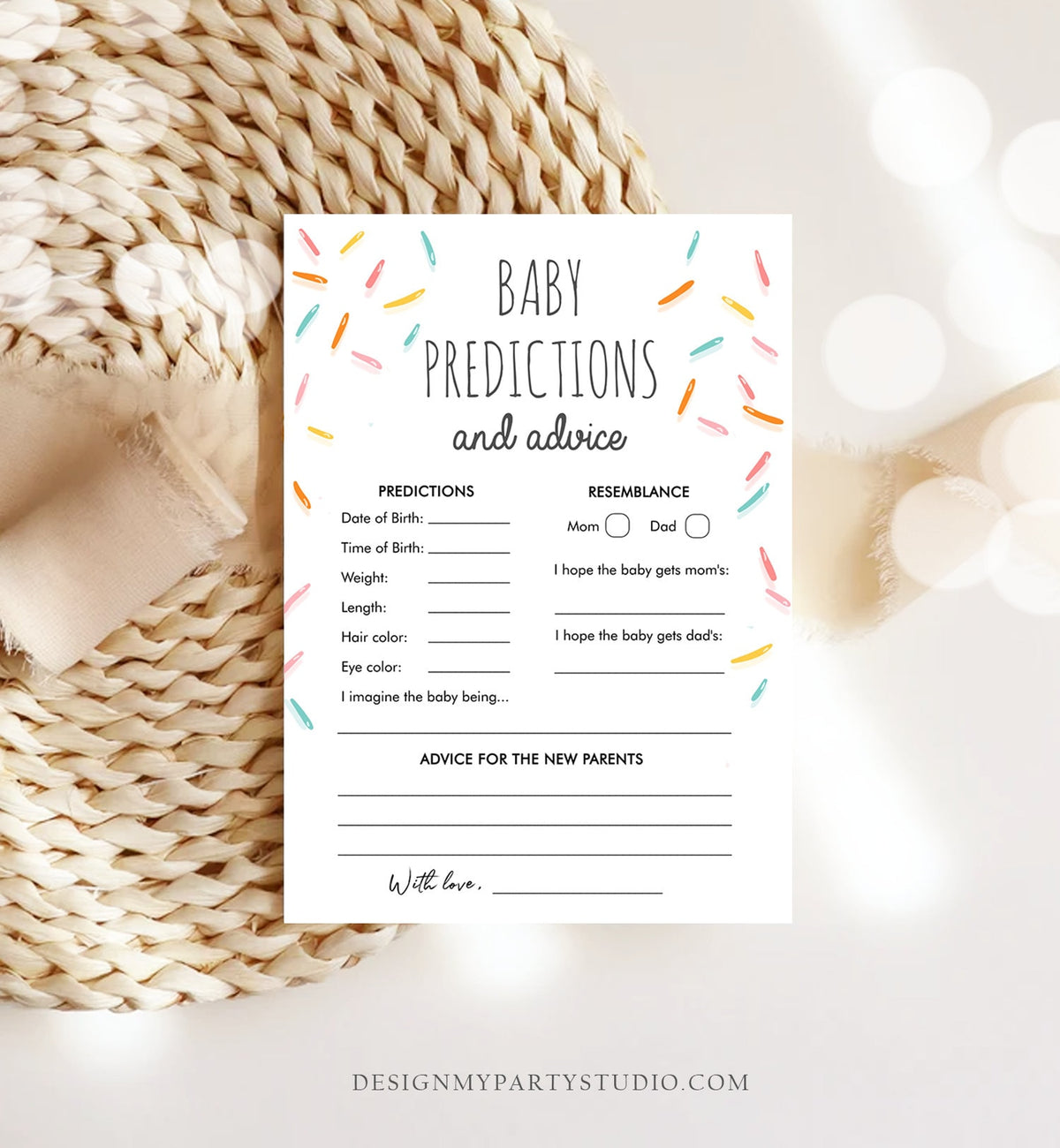 Editable Baby Predictions and Advice for Parents Sprinkle Game Baby Shower Gender Neutral Sprinkles Rainbow Corjl Template Printable 0216