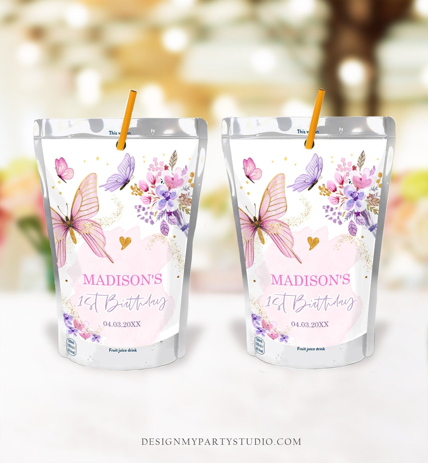 Editable Butterfly Capri Sun Labels Juice Pouch Labels Floral Butterfly Birthday Party Girl Favors Download Corjl Template Printable 0437