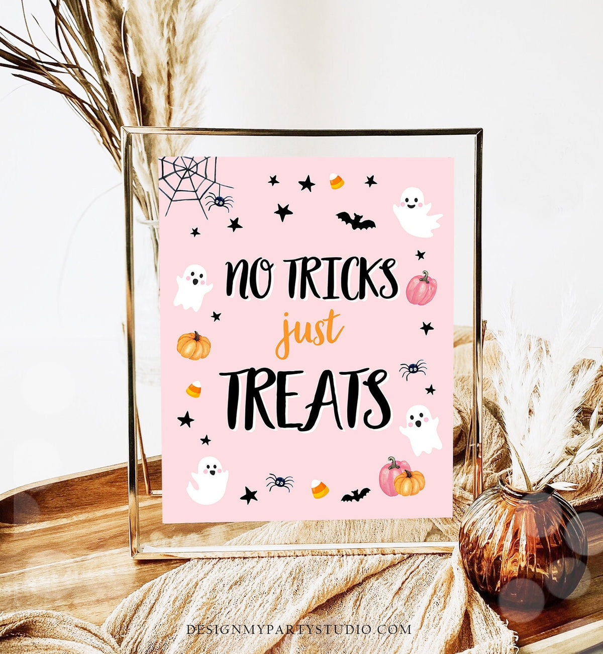 No Tricks Just Treats Sign Table Decor Halloween Ghost Party Sign Pink Ghost Spooktacular Halloween Birthday Digital Download Printable 0418